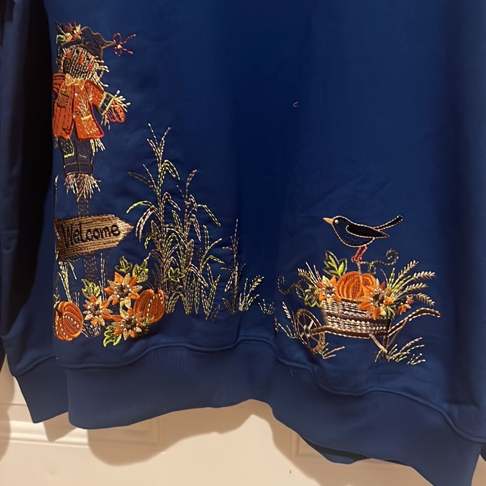 Alfred Dunner Navy Blue Crewneck Sweater with Autumn Embroidery - Picture 4 of 5